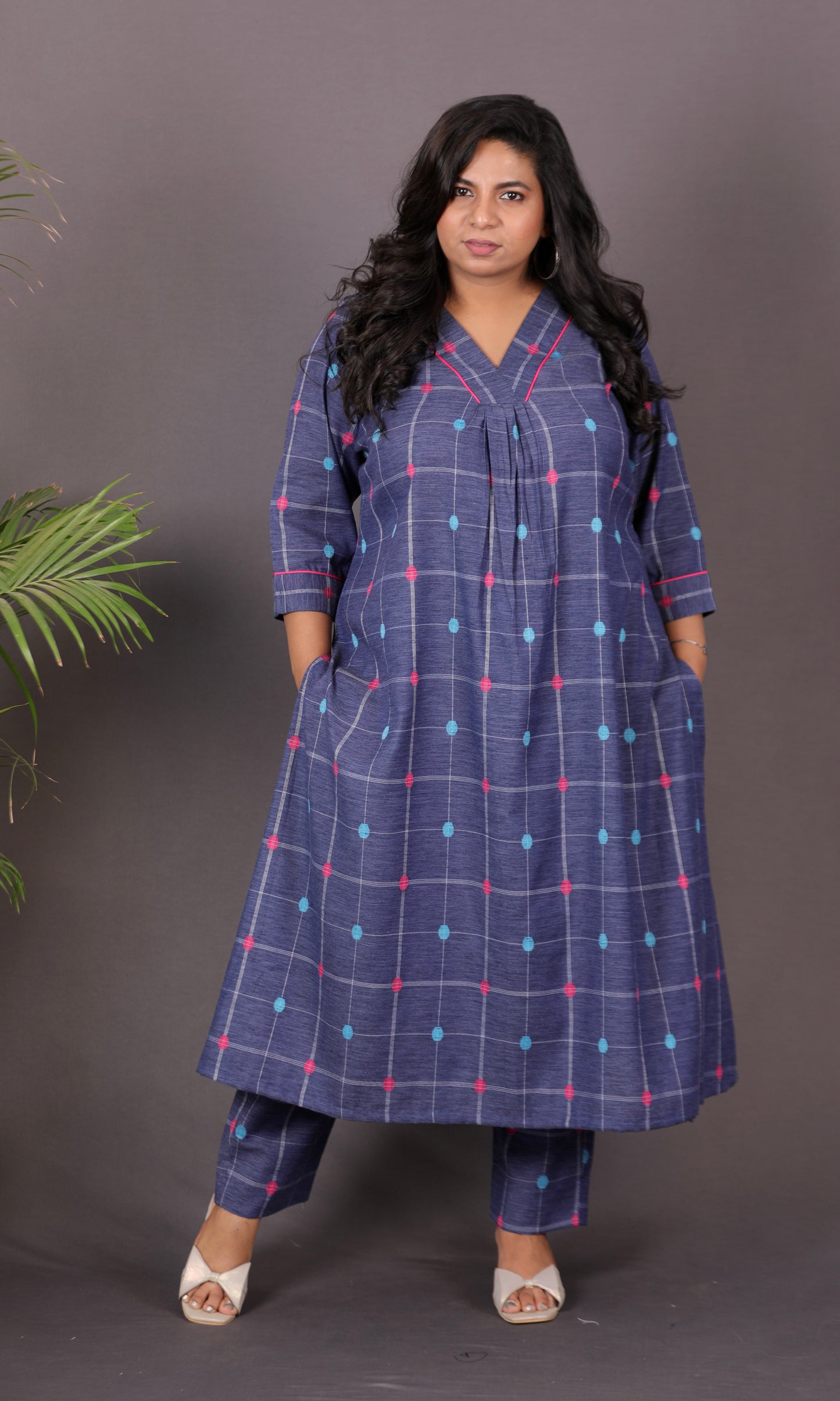 SUHANI - Premium lightweight Cotton with Buti Dobby Embroidery - Blue Checks