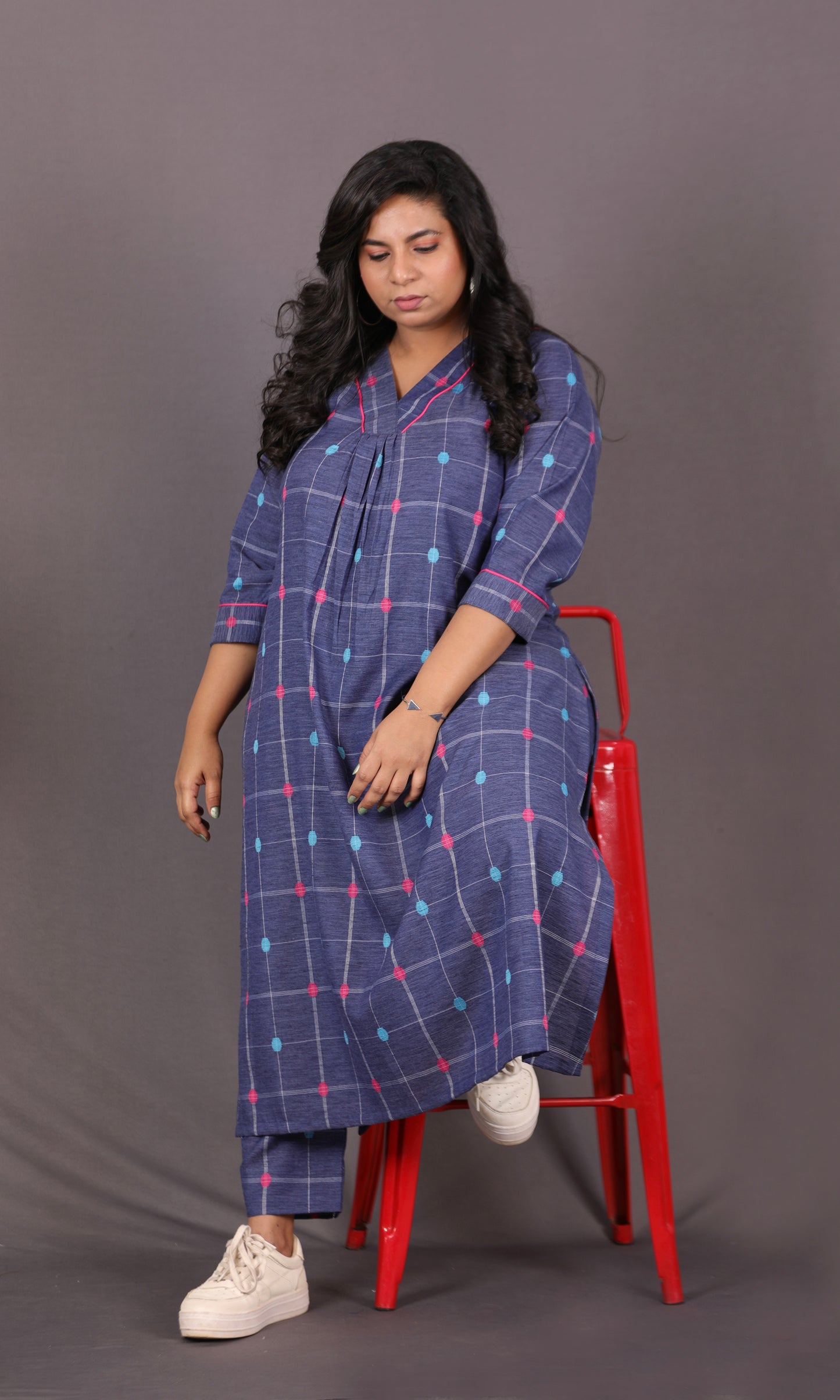 SUHANI - Premium lightweight Cotton with Buti Dobby Embroidery - Blue Checks