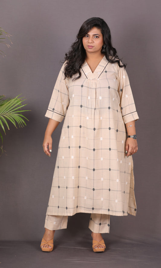SUHANI - Premium lightweight Cotton with Buti Dobby Embroidery - BEIGE Checks