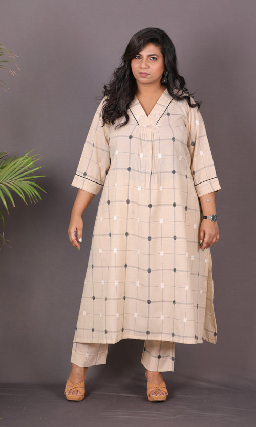 SUHANI - Premium lightweight Cotton with Buti Dobby Embroidery - BEIGE Checks