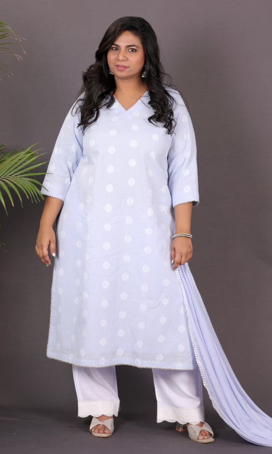 JASMINE - 3 pc set - Cotton Jari booti with thread work - Blue