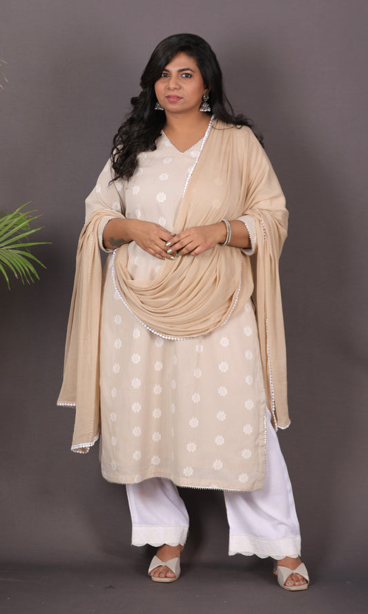 JASMINE - 3 pc set - Cotton Jari booti with thread work - CREAM