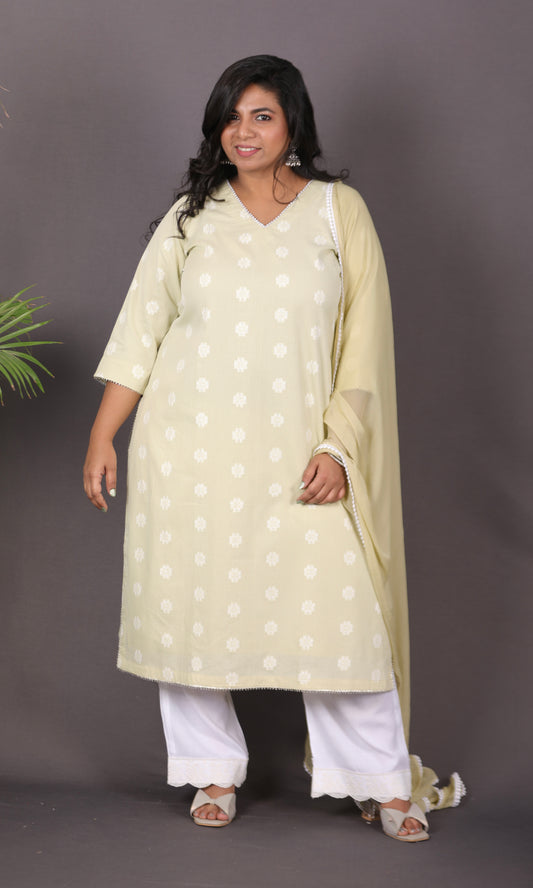 JASMINE - 3 pc set - Cotton Jari booti with thread work - GREEN
