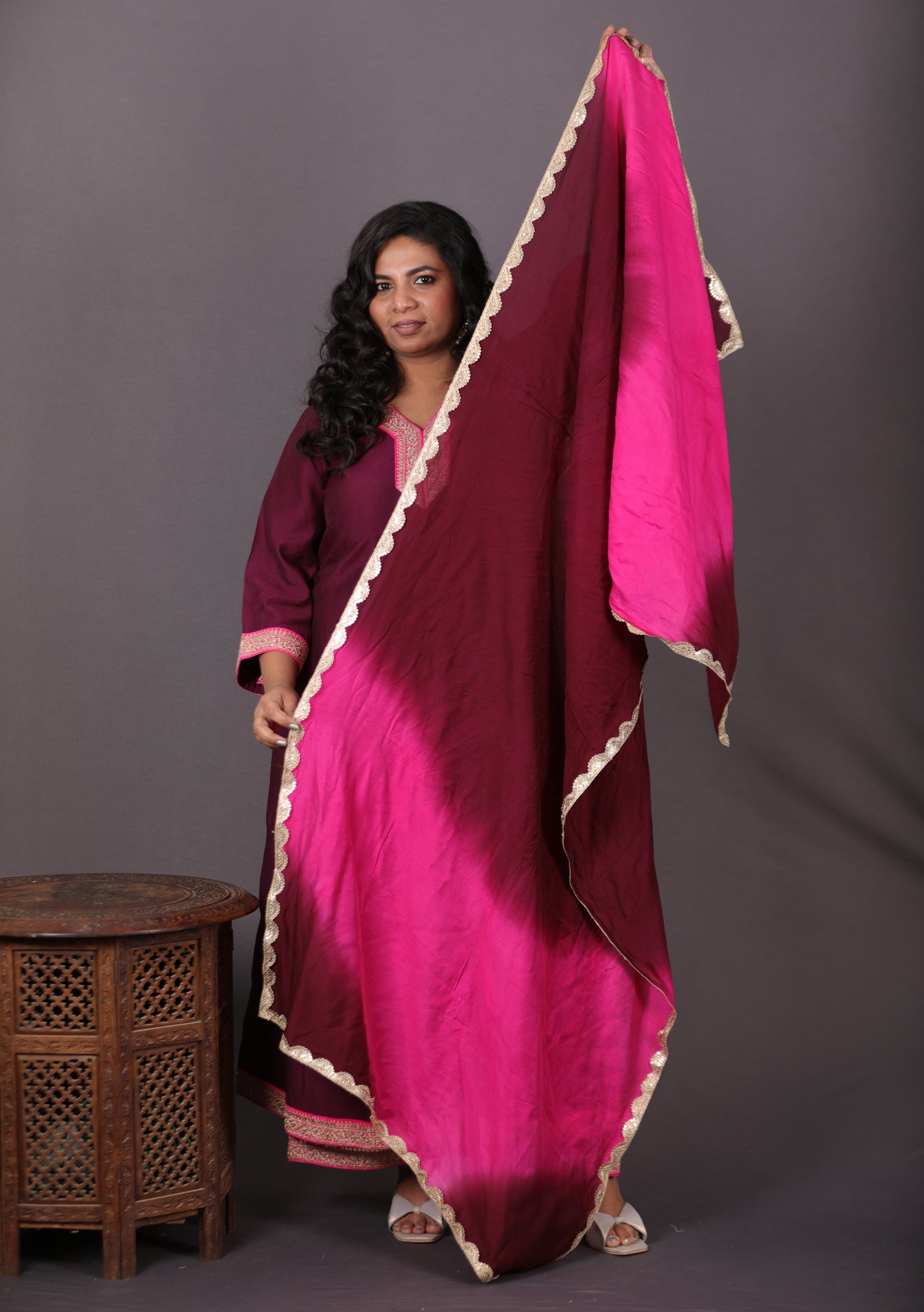 Aayat - 3pc set - Crepe Silk with soft silk tie-dye dupatta - Majenta