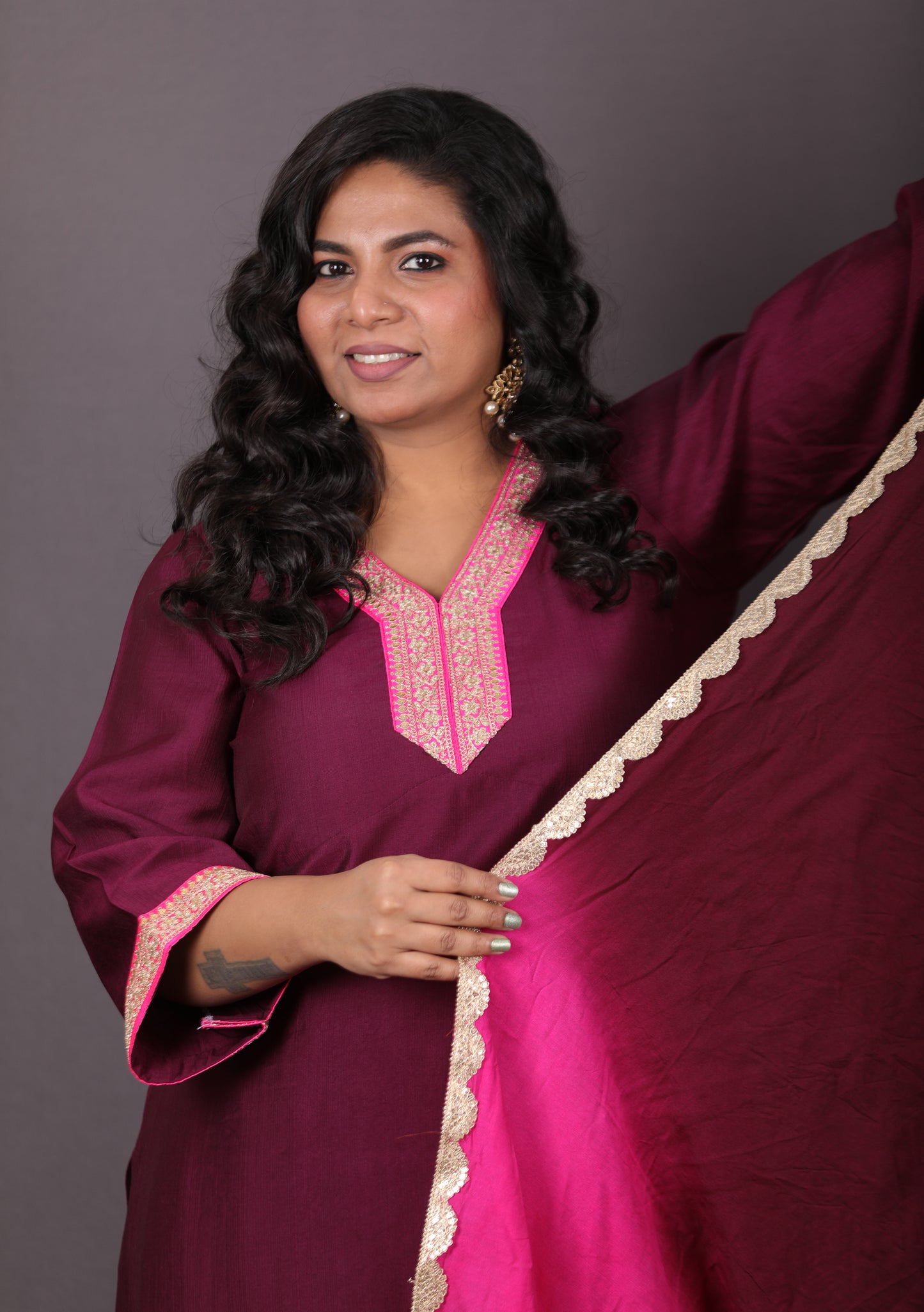 Aayat - 3pc set - Crepe Silk with soft silk tie-dye dupatta - Majenta