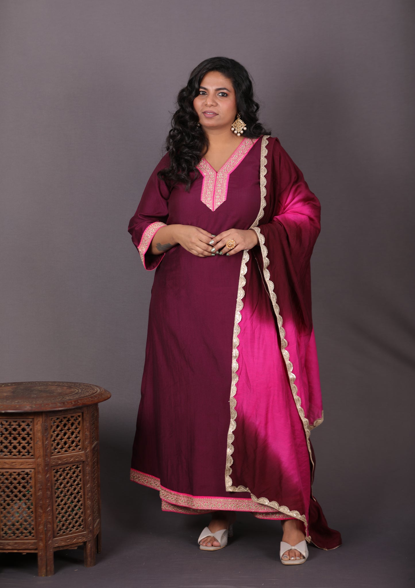Aayat - 3pc set - Crepe Silk with soft silk tie-dye dupatta - Majenta