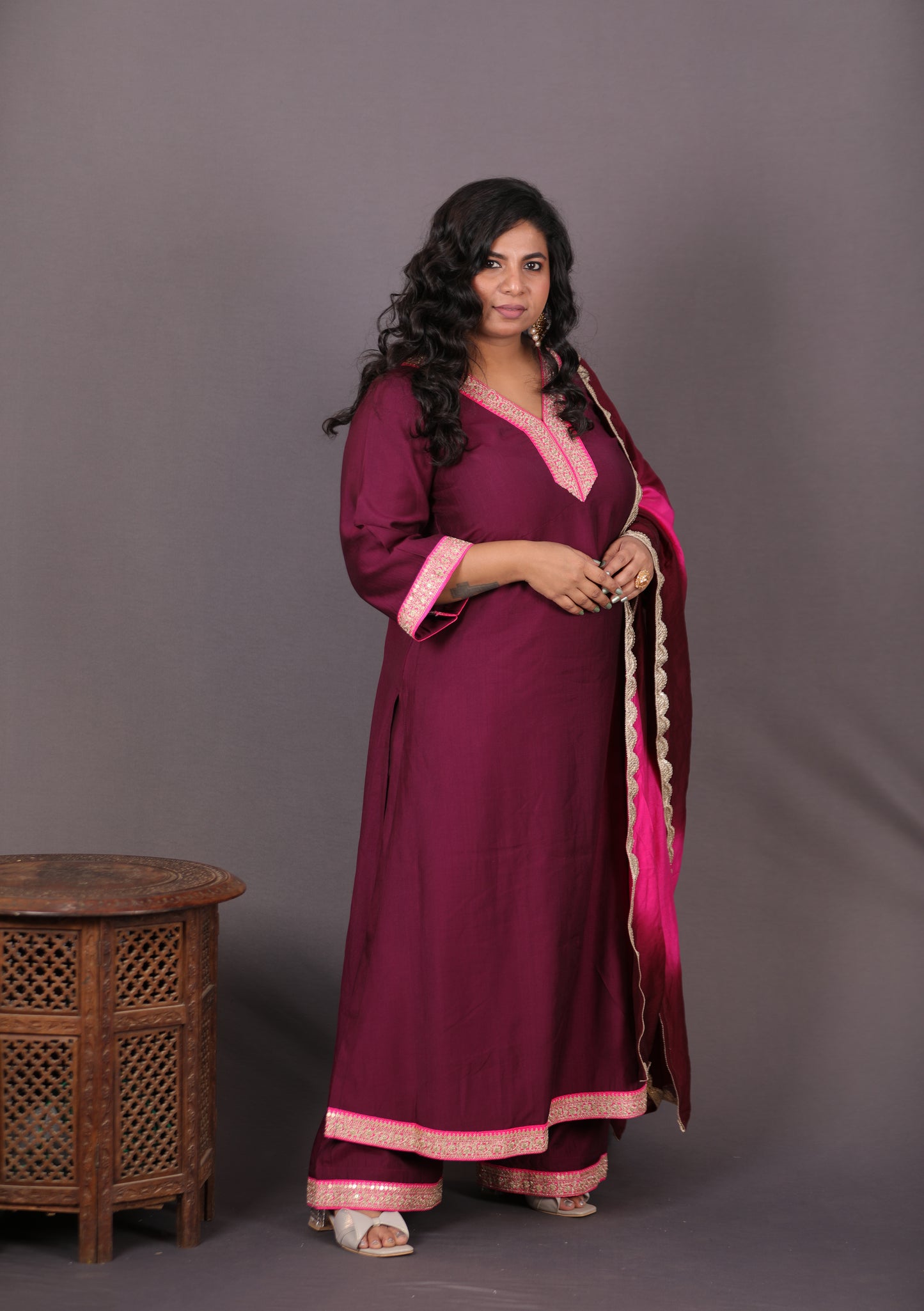 Aayat - 3pc set - Crepe Silk with soft silk tie-dye dupatta - Majenta