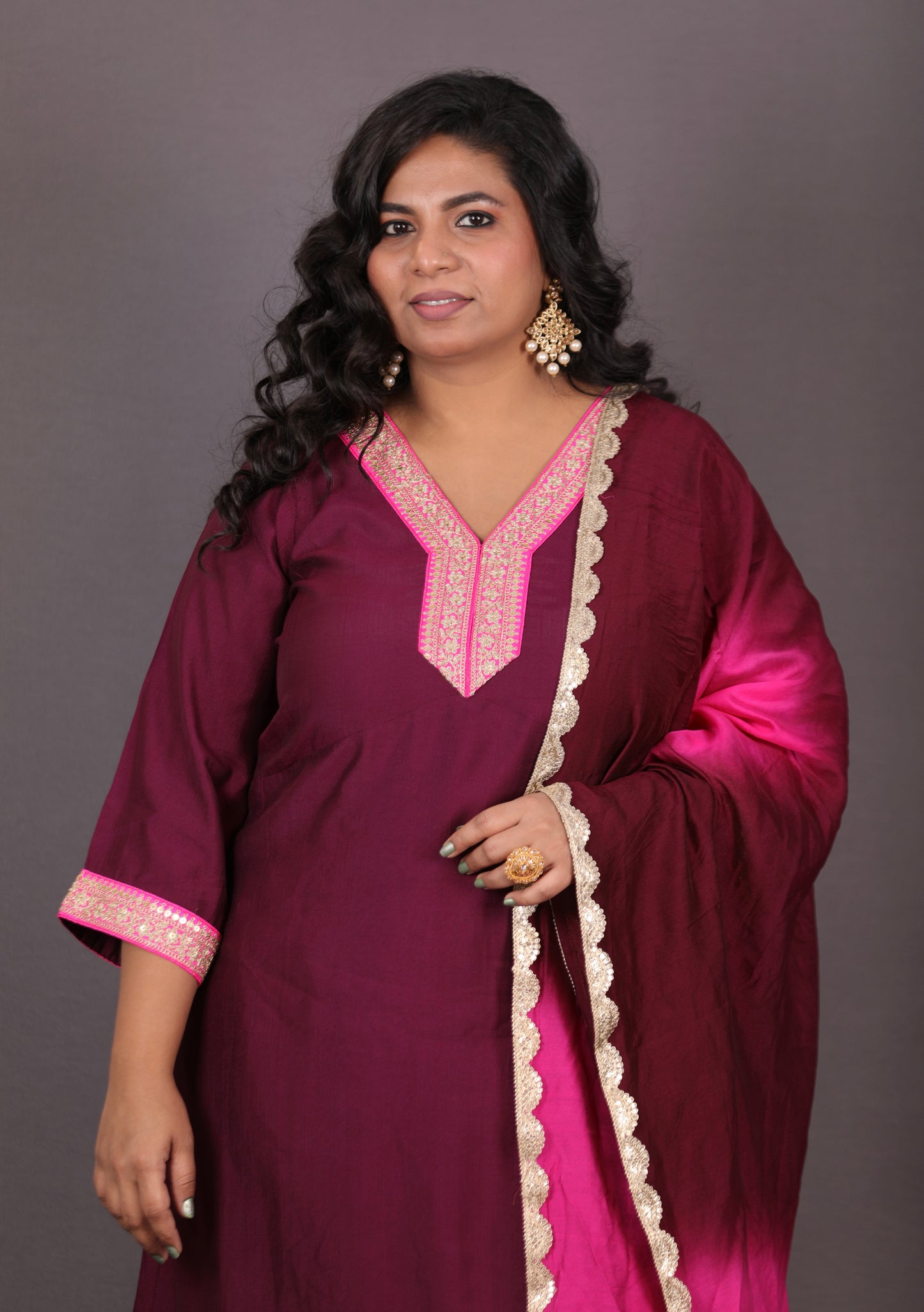 Aayat - 3pc set - Crepe Silk with soft silk tie-dye dupatta - Majenta