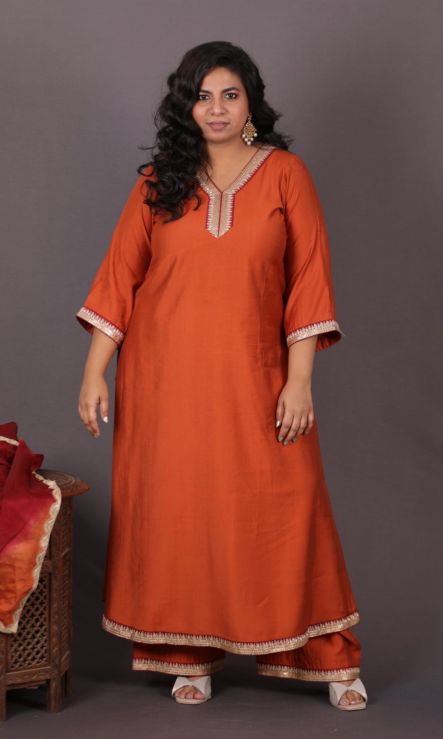 Aayat - 3pc set - Crepe Silk with soft silk tie-dye dupatta - RUST
