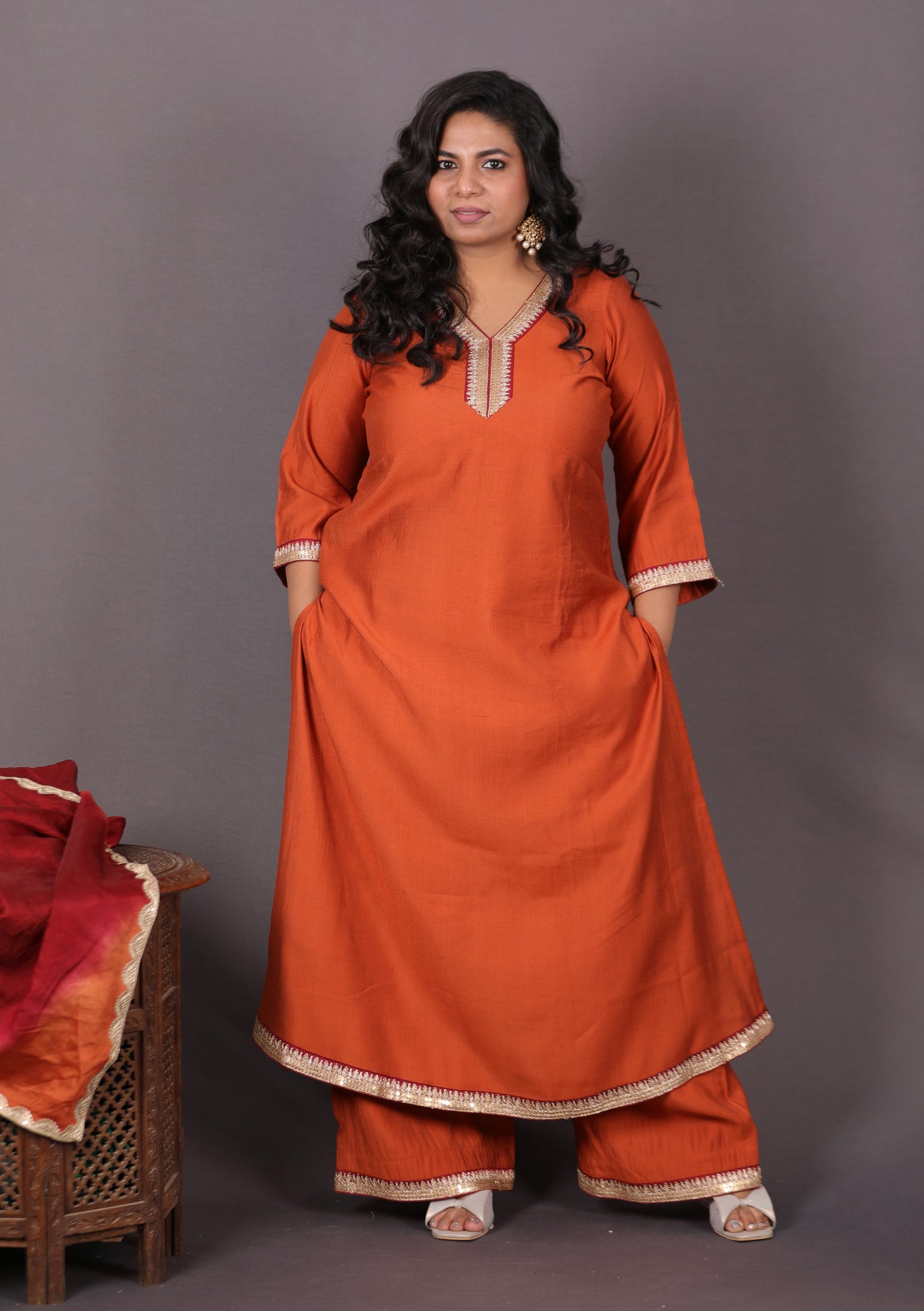 Aayat - 3pc set - Crepe Silk with soft silk tie-dye dupatta - RUST