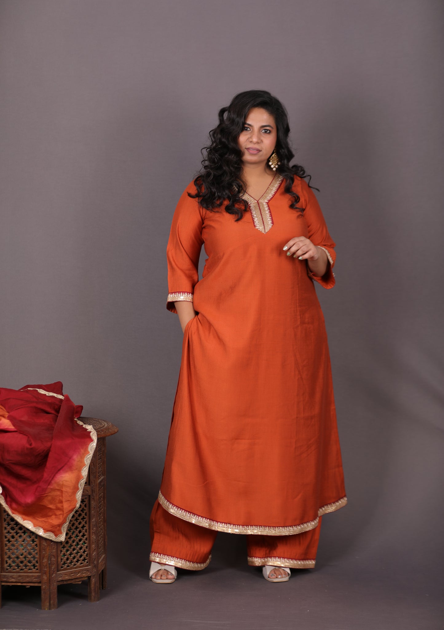 Aayat - 3pc set - Crepe Silk with soft silk tie-dye dupatta - RUST