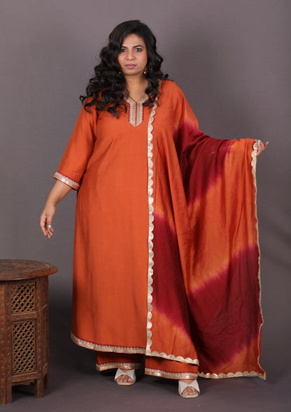 Aayat - 3pc set - Crepe Silk with soft silk tie-dye dupatta - RUST