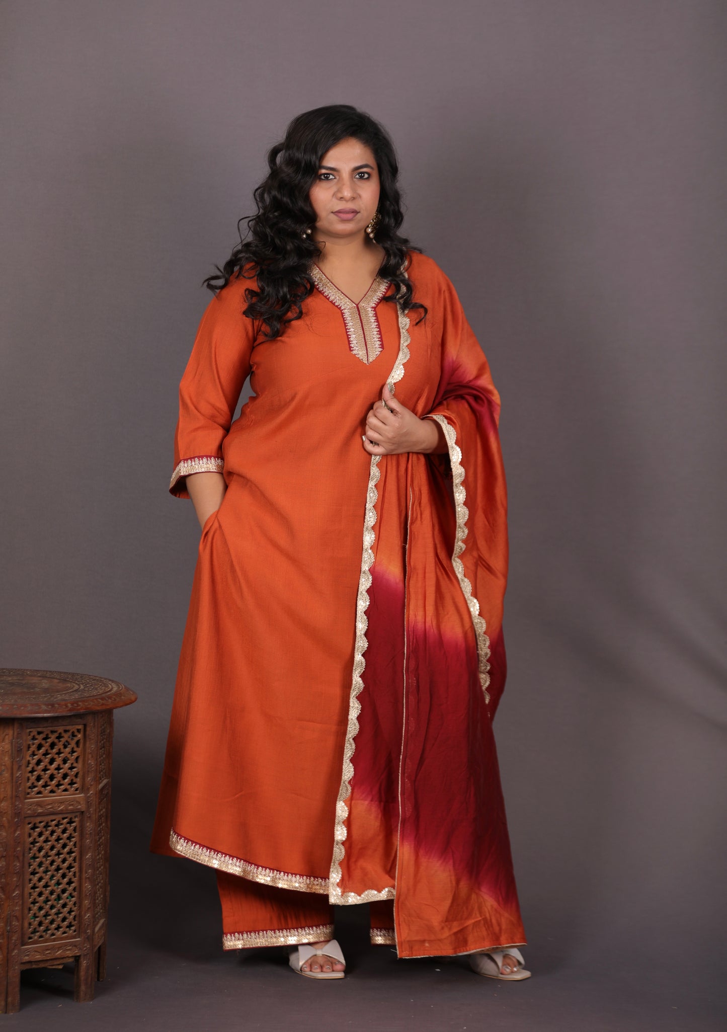 Aayat - 3pc set - Crepe Silk with soft silk tie-dye dupatta - RUST