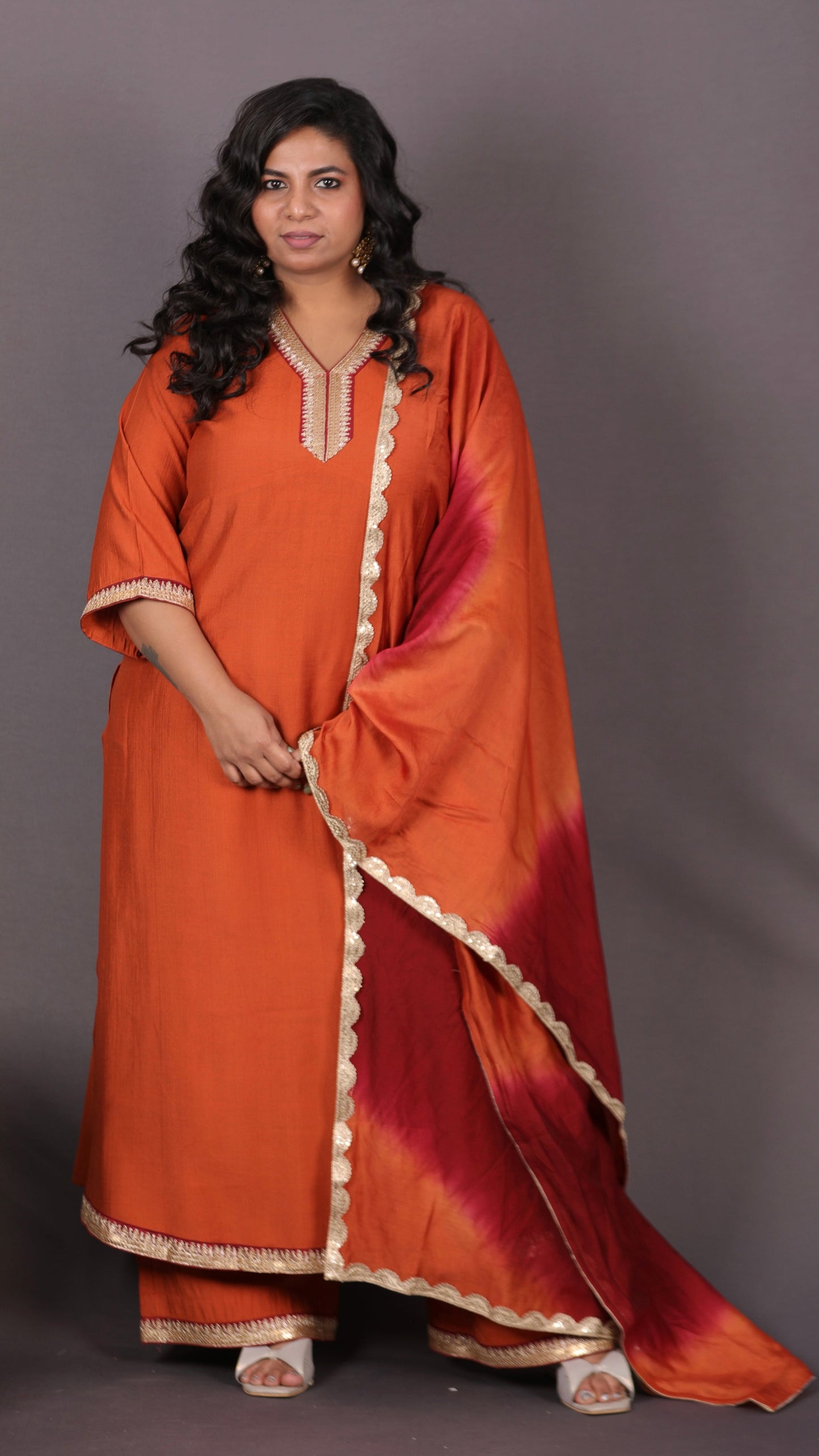 Aayat - 3pc set - Crepe Silk with soft silk tie-dye dupatta - RUST