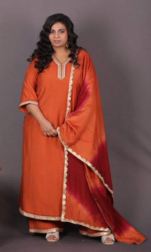 Aayat - 3pc set - Crepe Silk with soft silk tie-dye dupatta - RUST