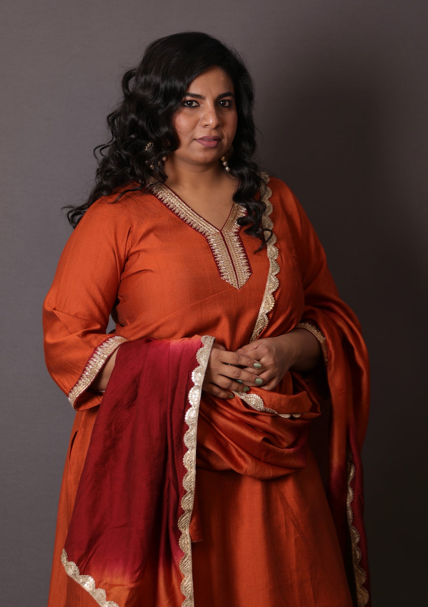 Aayat - 3pc set - Crepe Silk with soft silk tie-dye dupatta - RUST