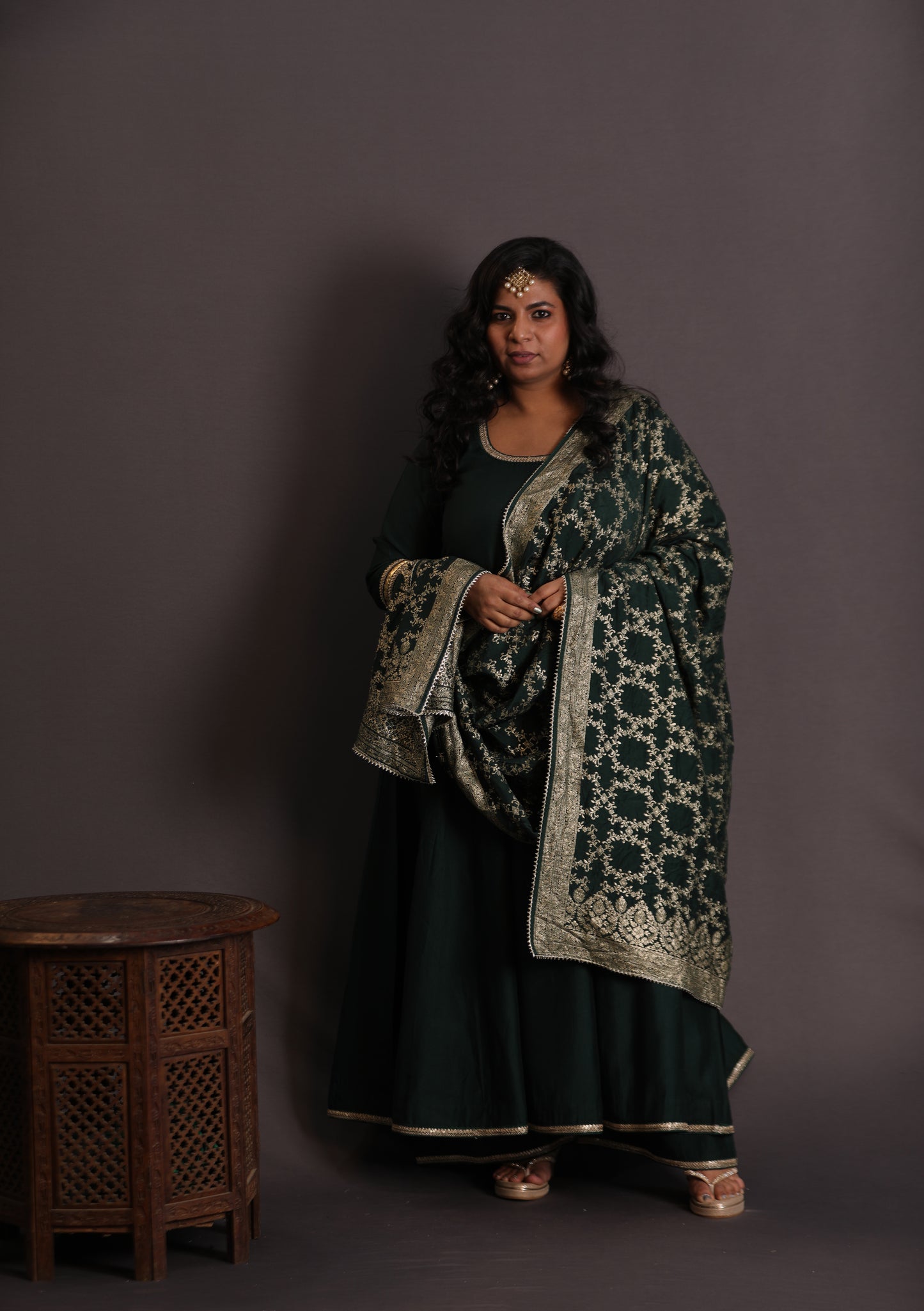 NOOR - Anarkali set + Zari Dupatta - Bottle Green