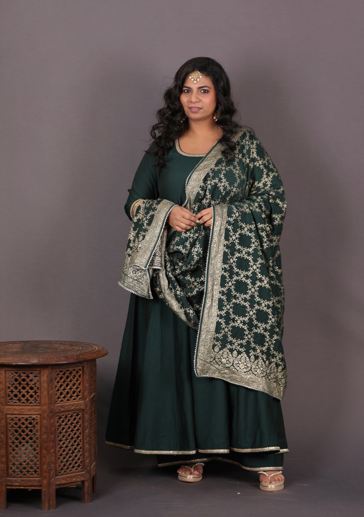 NOOR - Anarkali set + Zari Dupatta - Bottle Green