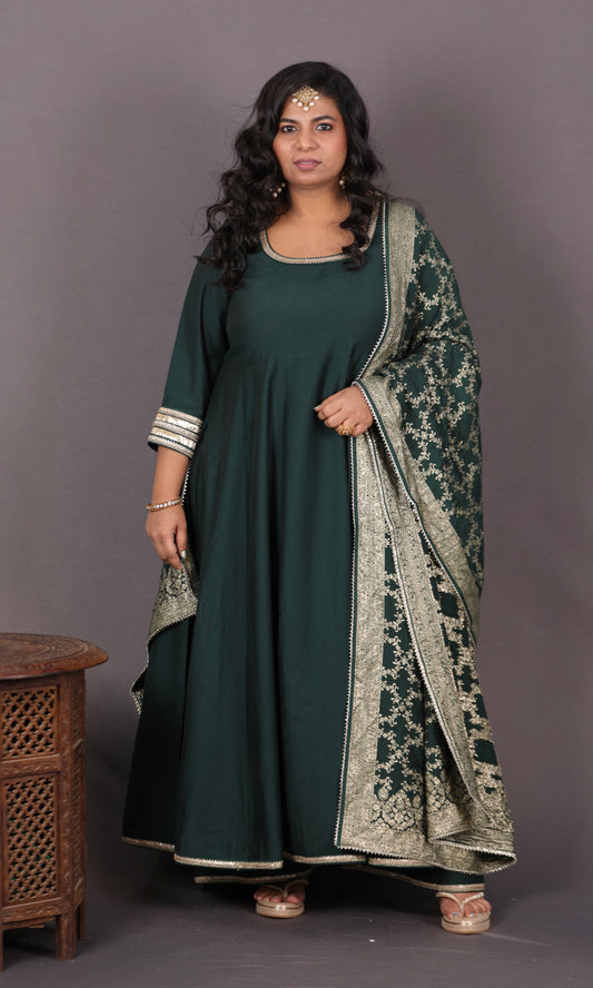 NOOR - Anarkali set + Zari Dupatta - Bottle Green