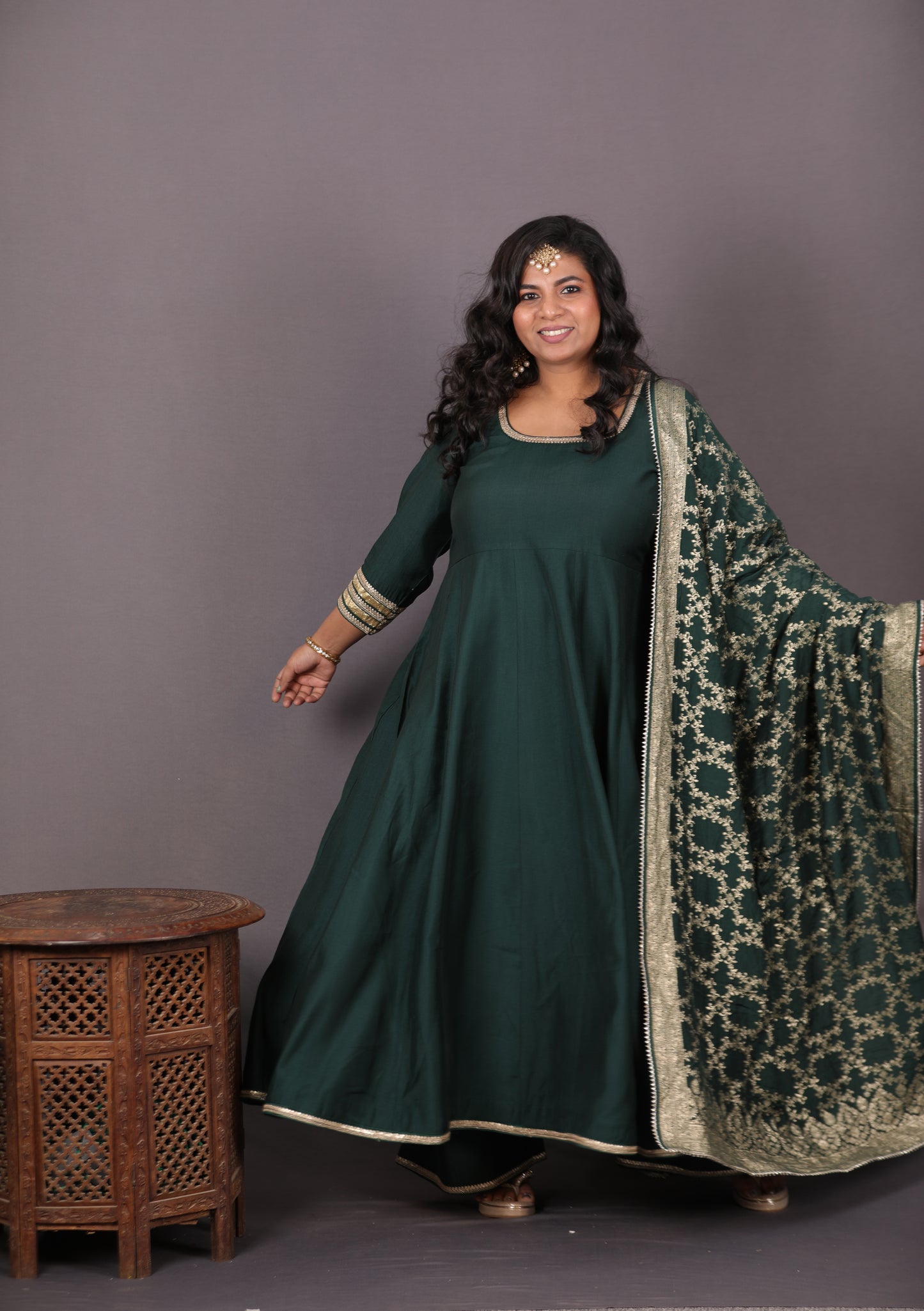 NOOR - Anarkali set + Zari Dupatta - Bottle Green