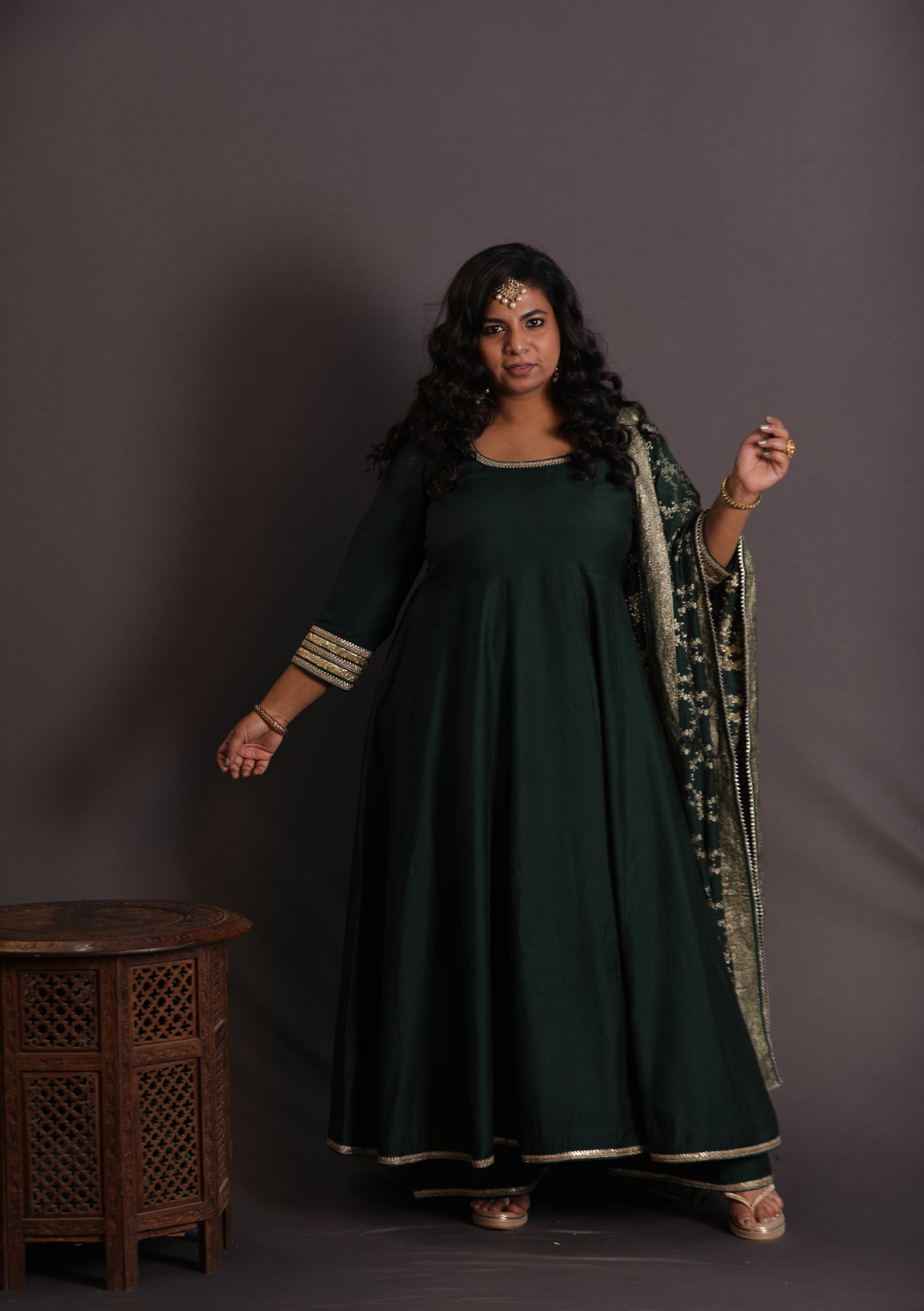 NOOR - Anarkali set + Zari Dupatta - Bottle Green