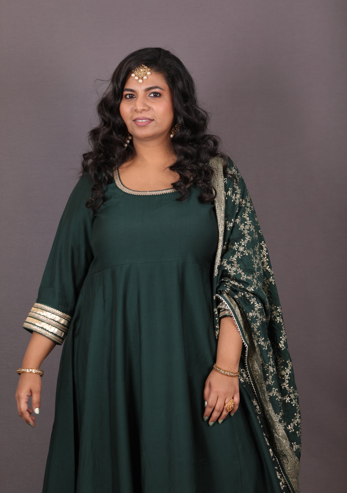 NOOR - Anarkali set + Zari Dupatta - Bottle Green