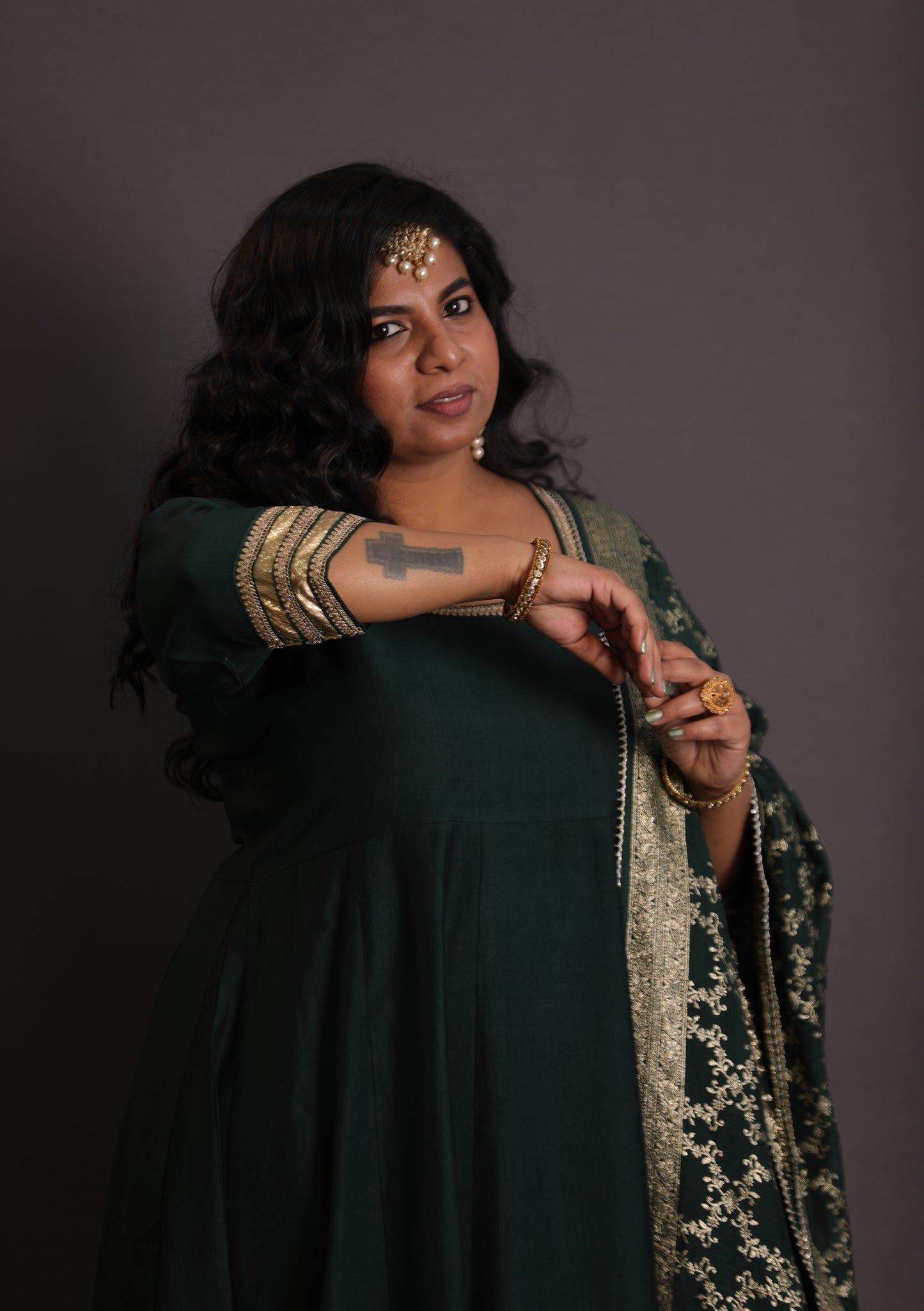 NOOR - Anarkali set + Zari Dupatta - Bottle Green