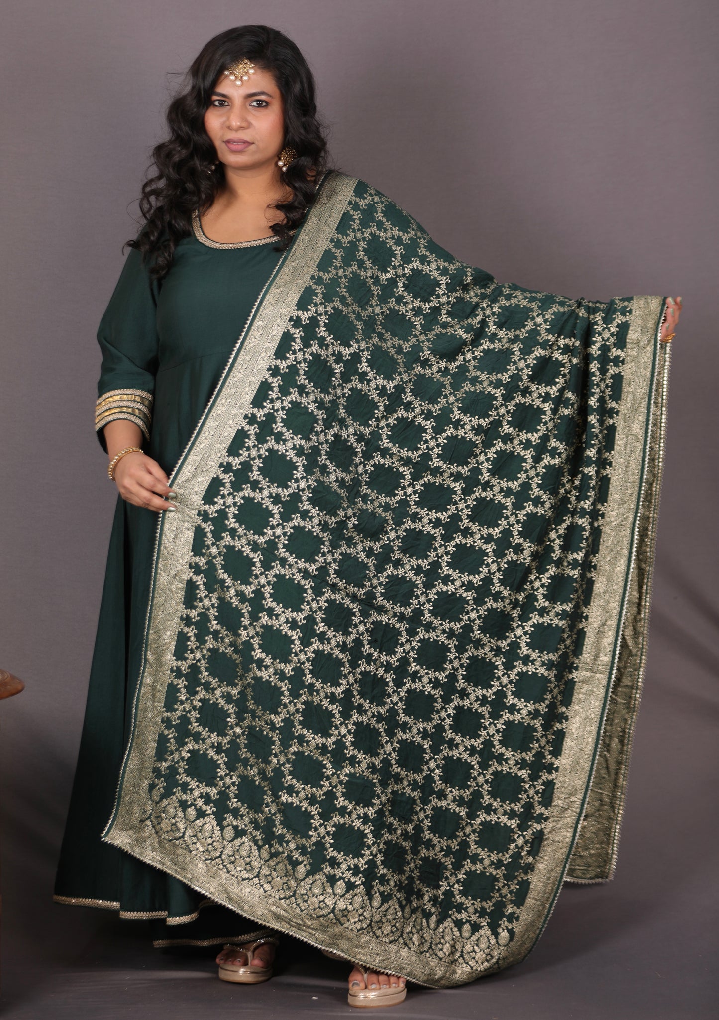 NOOR - Anarkali set + Zari Dupatta - Bottle Green