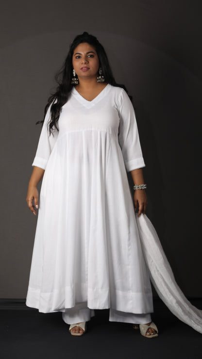 Meher - Pure white cotton Anarkali set + mul dupatta