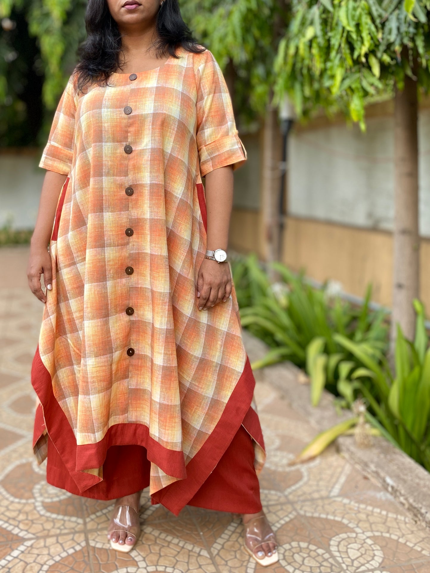 ANNA - Dress - Cotton Checks - ORANGE