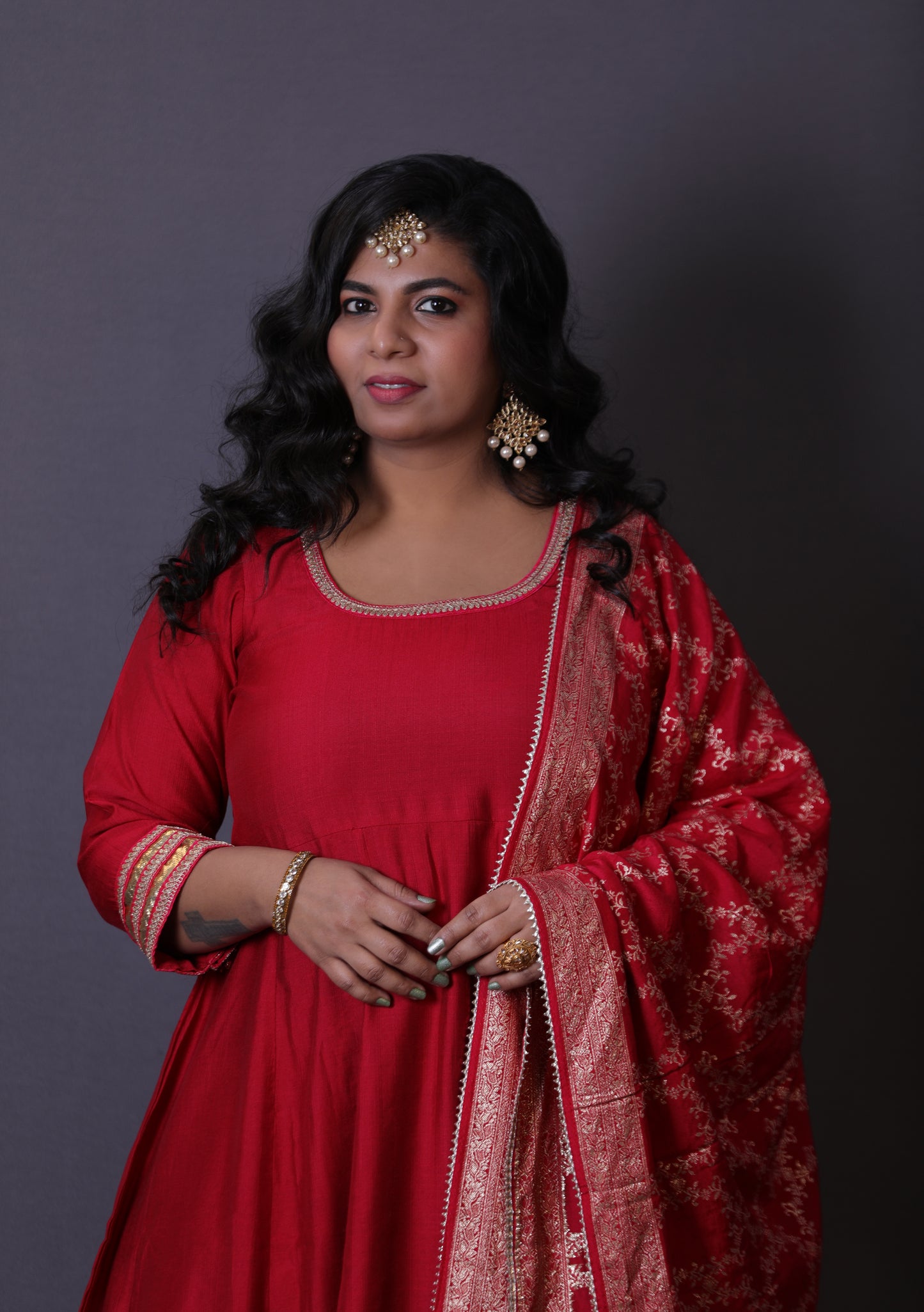 NOOR - Anarkali set + Zari Dupatta - Cherry Red