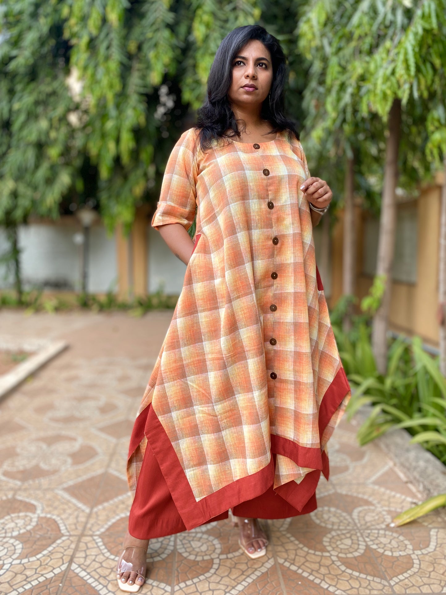 ANNA - Dress - Cotton Checks - ORANGE