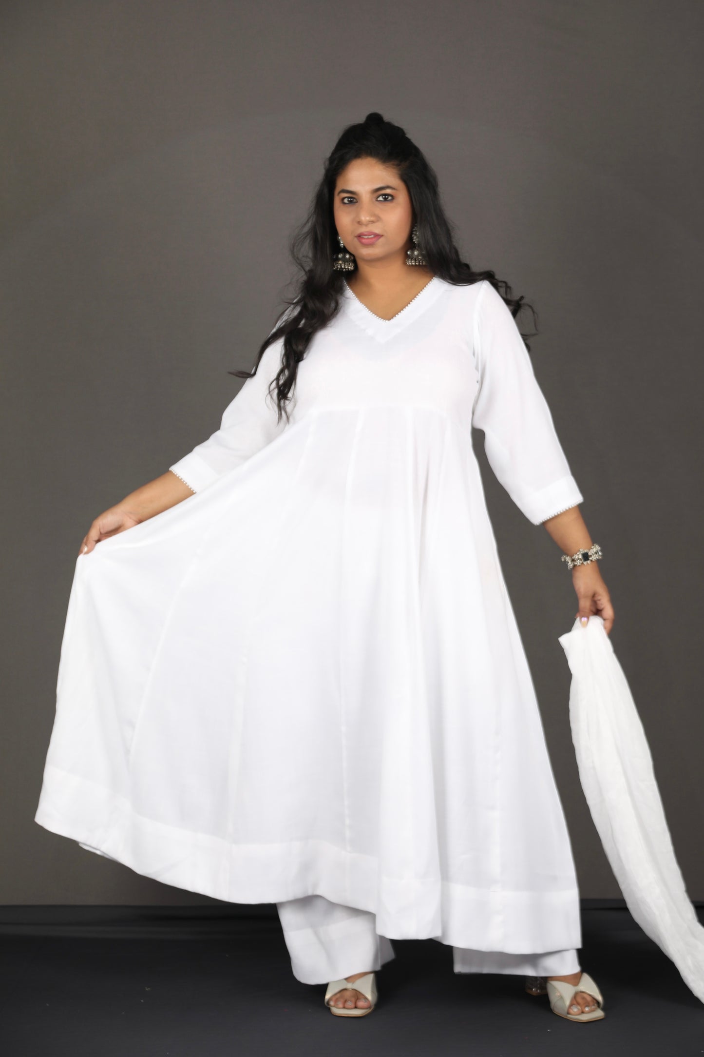 Meher - Pure white cotton Anarkali set + mul dupatta