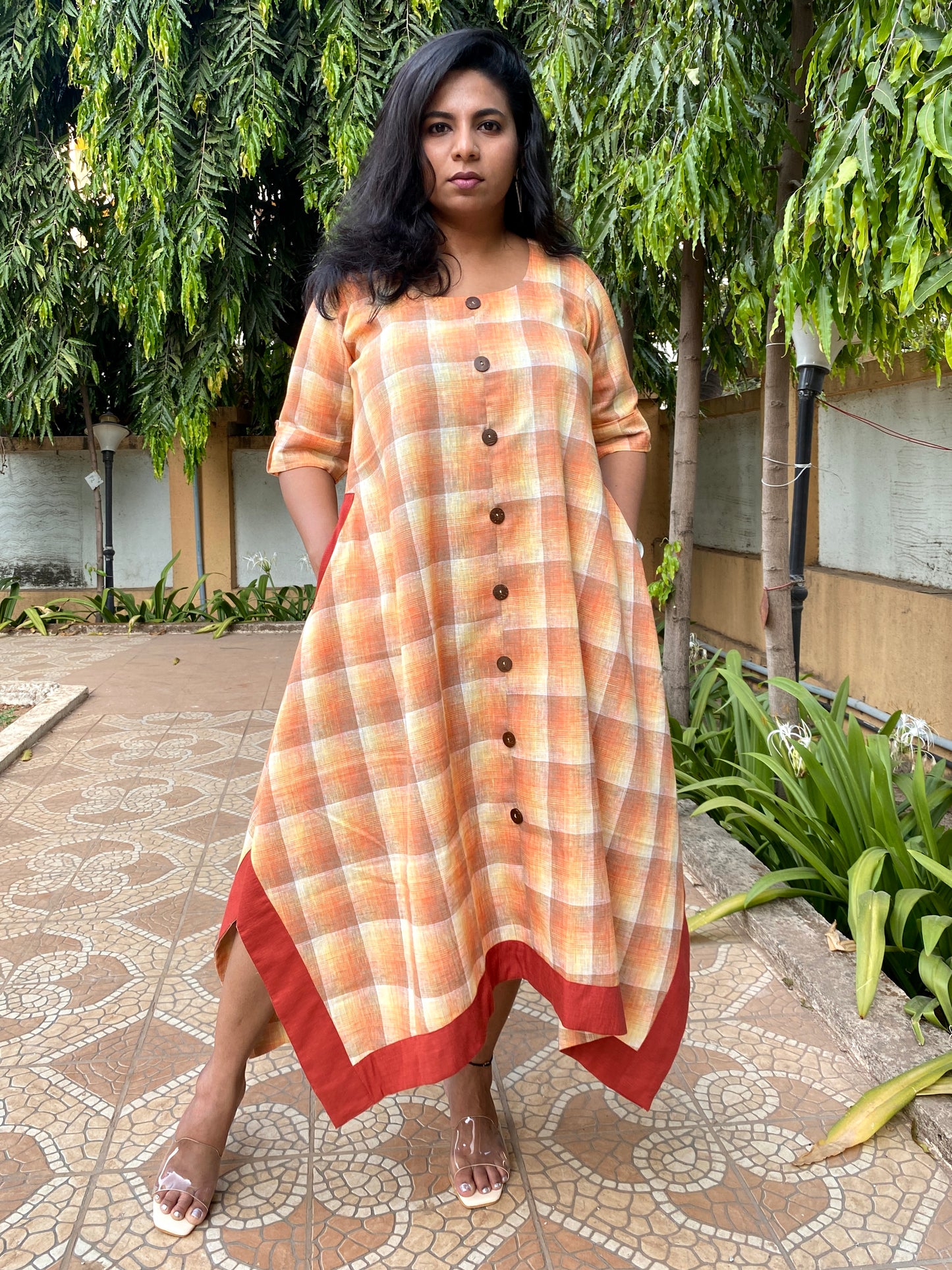 ANNA - Dress - Cotton Checks - ORANGE