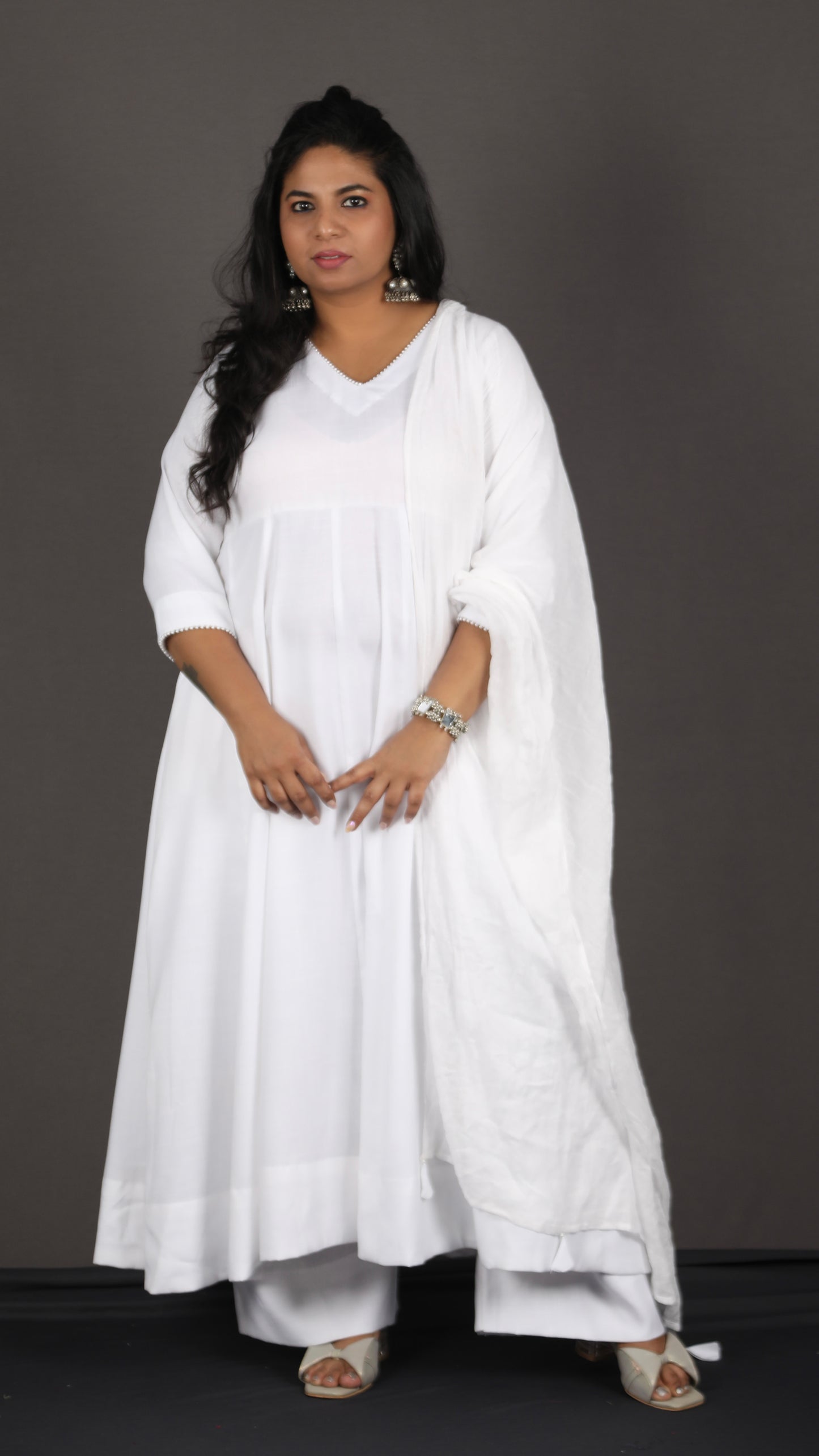 Meher - Pure white cotton Anarkali set + mul dupatta