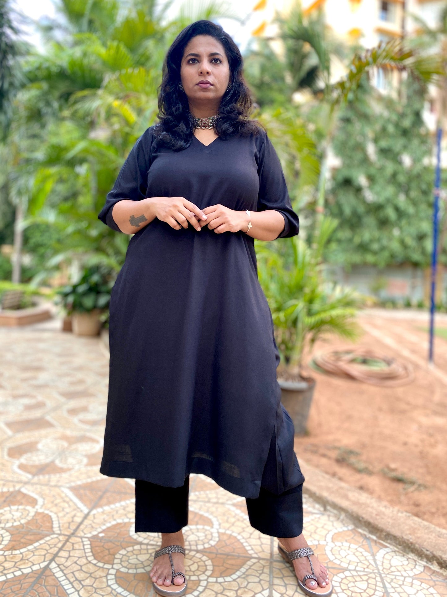ADYA - ONLY KURTA 0R CO ORD SET - BLACK SOFT COTTON  ( WITH MUL MUL DUPATTA OPTIONAL )