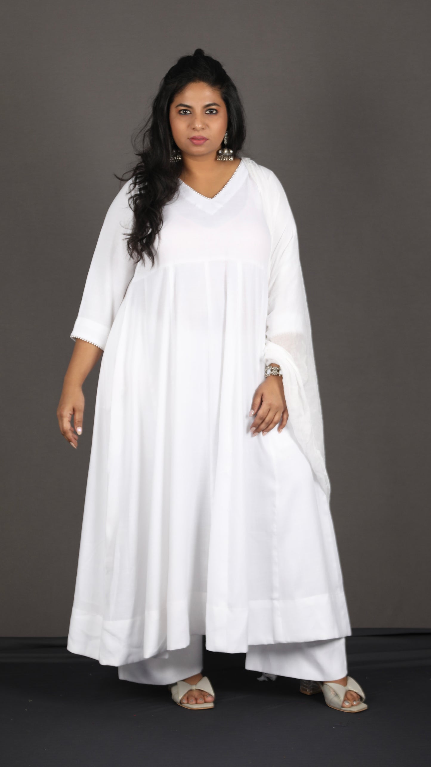 Meher - Pure white cotton Anarkali set + mul dupatta