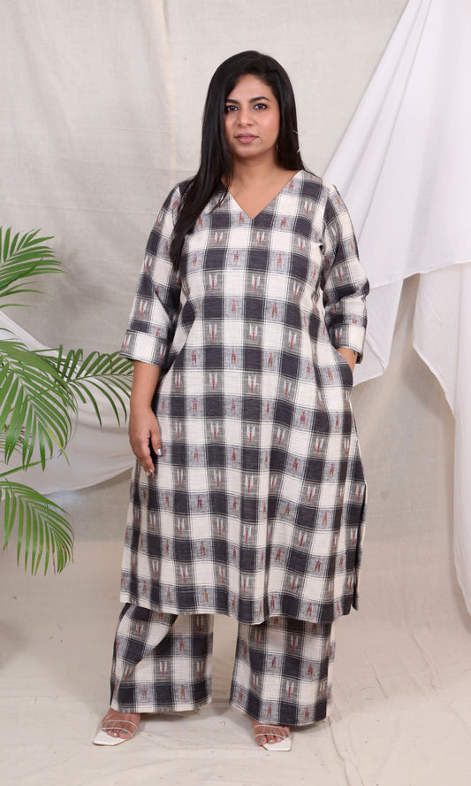 MAYA co-ords -  Linen checks ikkat boota - BLACK