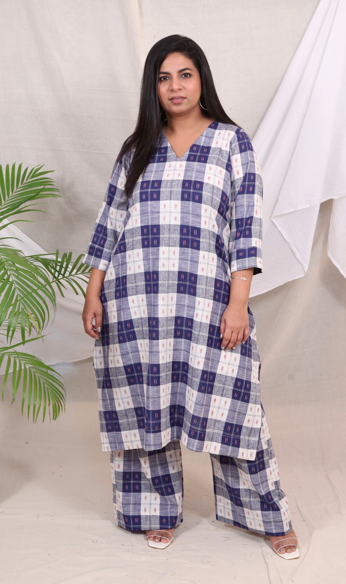 MAYA co-ords -  Linen checks ikkat boota - BLUE