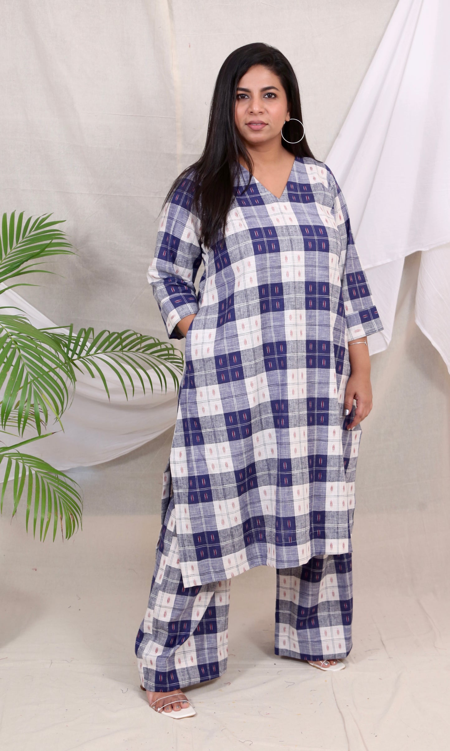 MAYA co-ords -  Linen checks ikkat boota - BLUE
