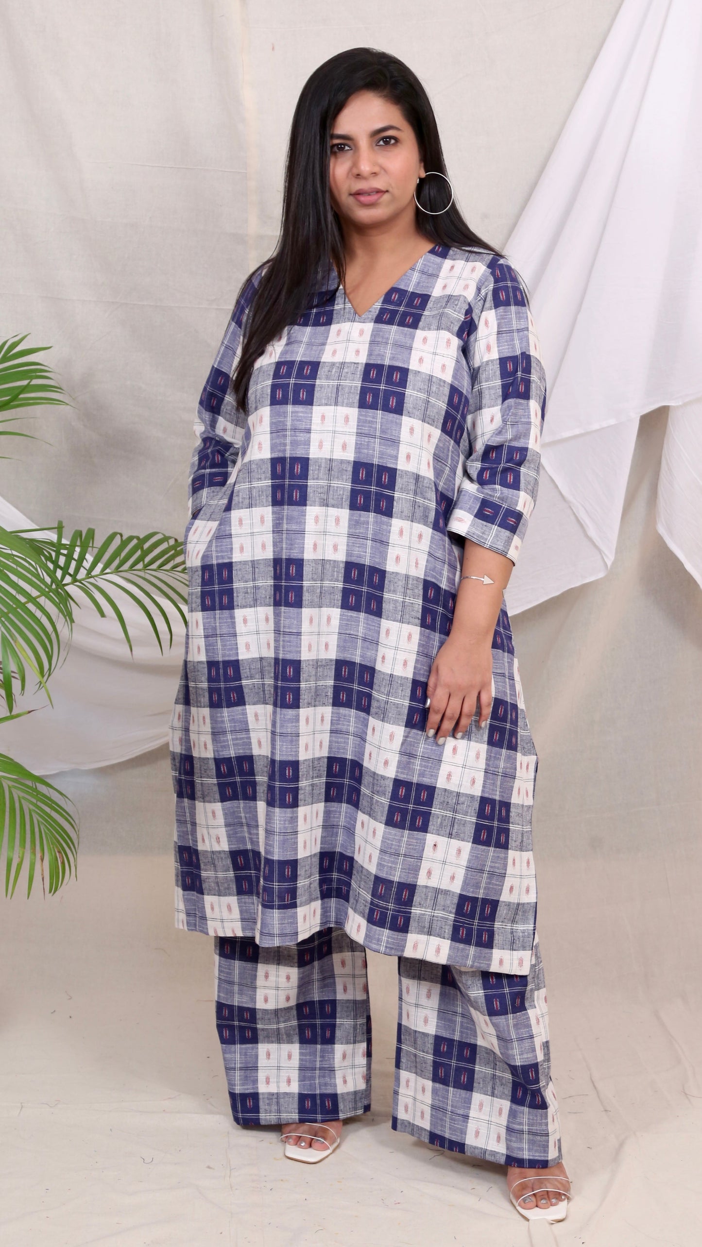 MAYA co-ords -  Linen checks ikkat boota - BLUE
