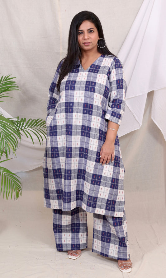 MAYA co-ords -  Linen checks ikkat boota - BLUE