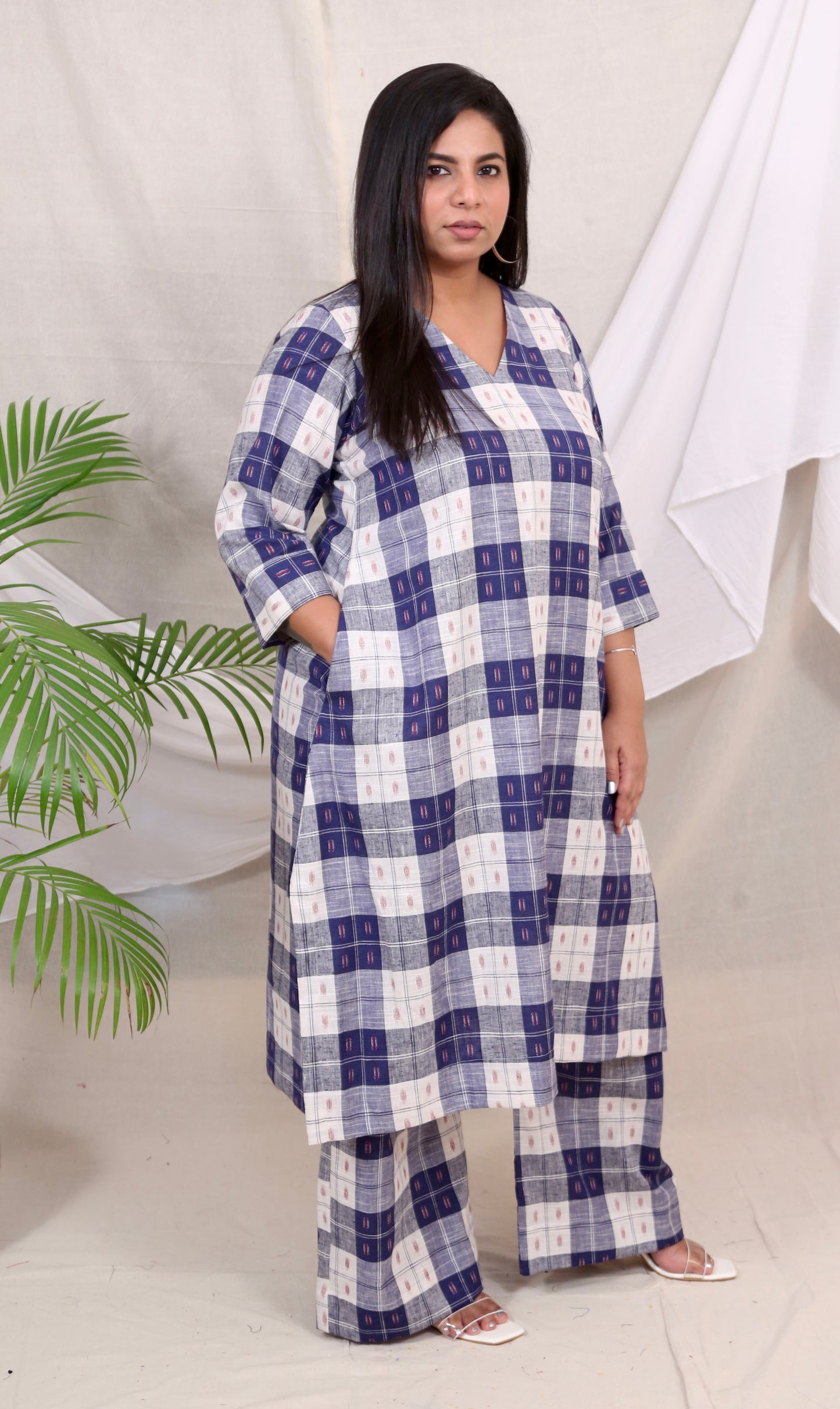 MAYA co-ords -  Linen checks ikkat boota - BLUE