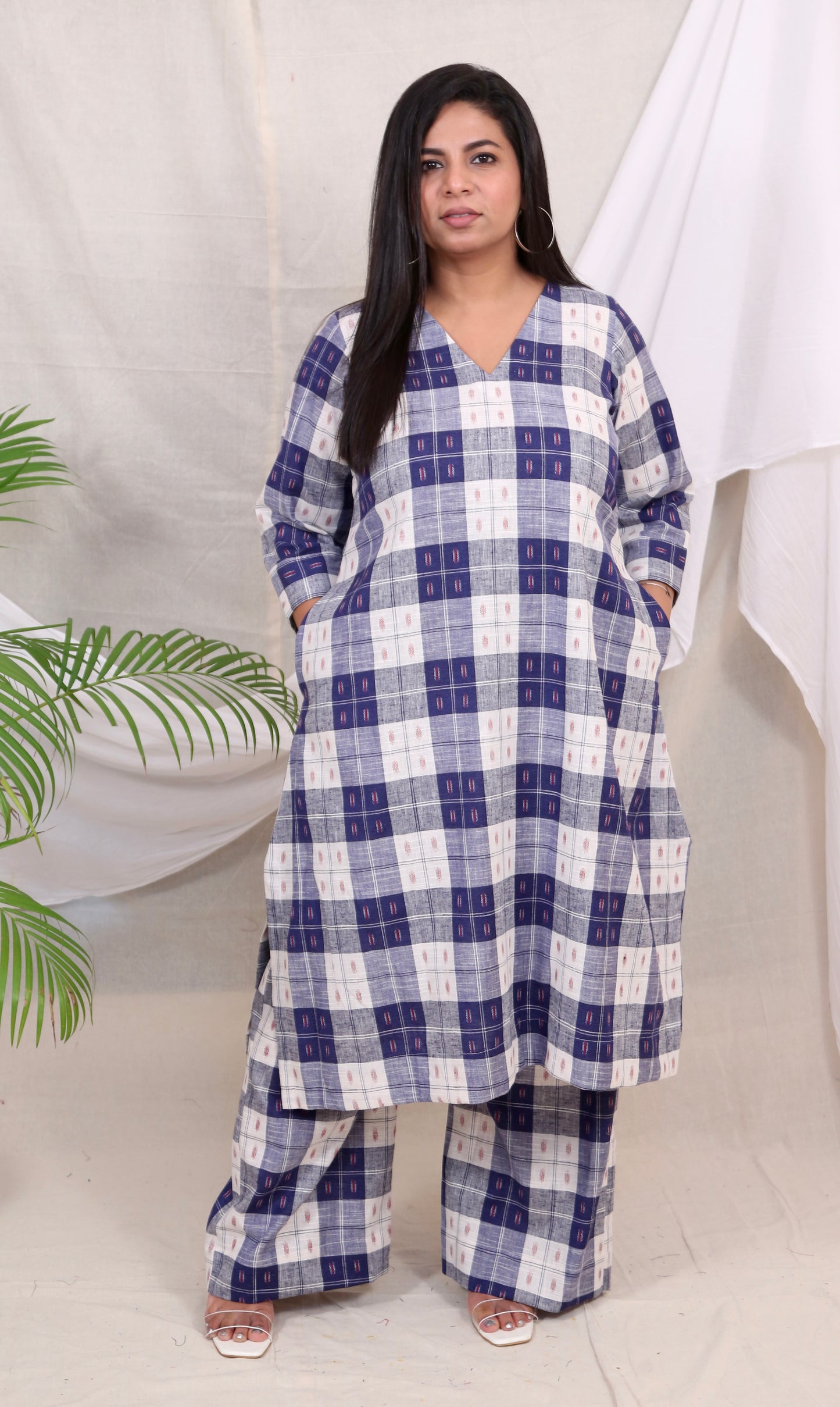MAYA co-ords -  Linen checks ikkat boota - BLUE