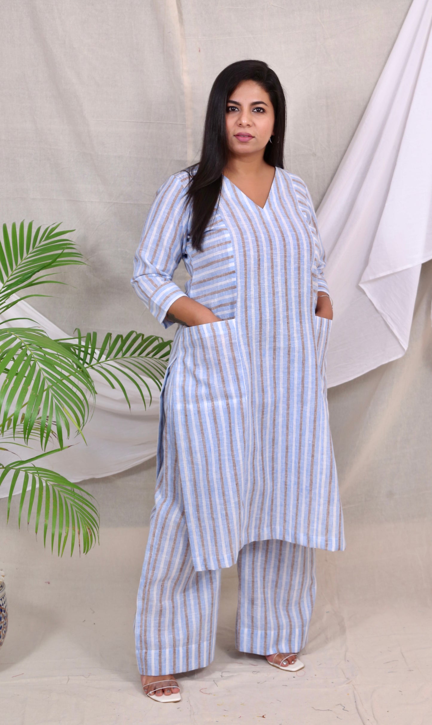 ALIA co-ords - Cotton Linen Stripes - BLUE