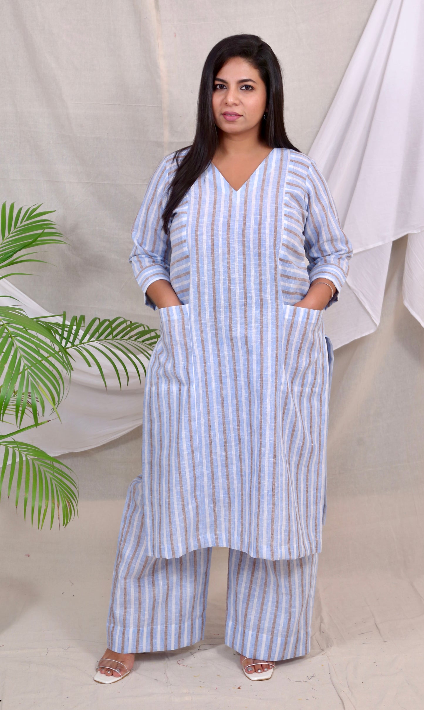 ALIA co-ords - Cotton Linen Stripes - BLUE