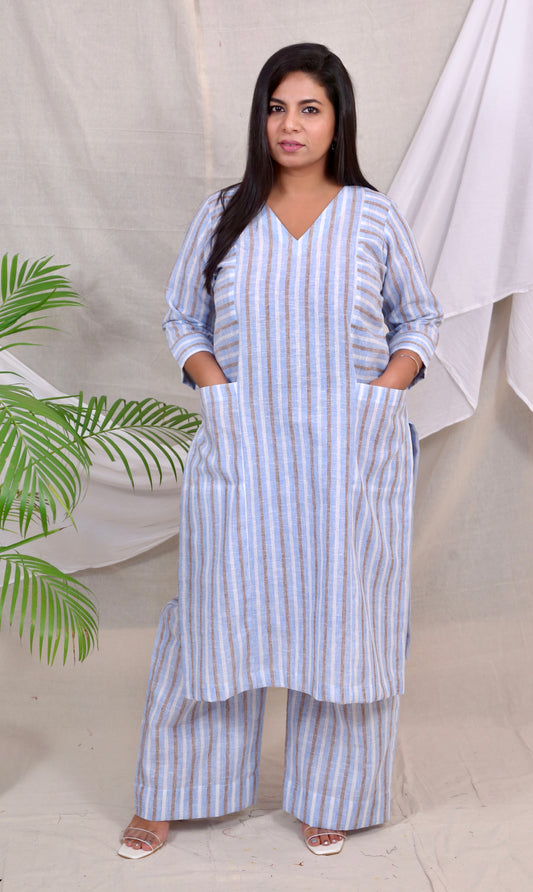 ALIA co-ords - Cotton Linen Stripes - BLUE