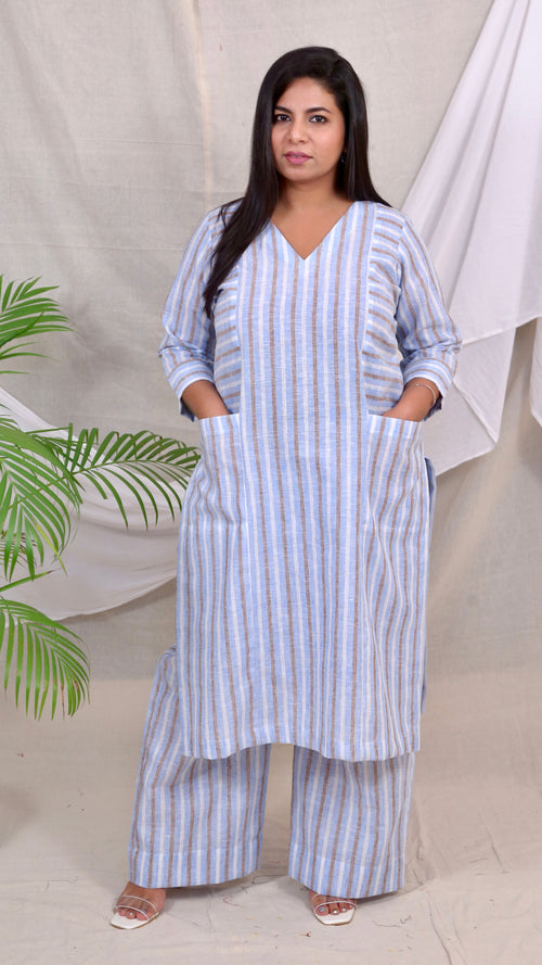 ALIA co-ords - Cotton Linen Stripes - BLUE