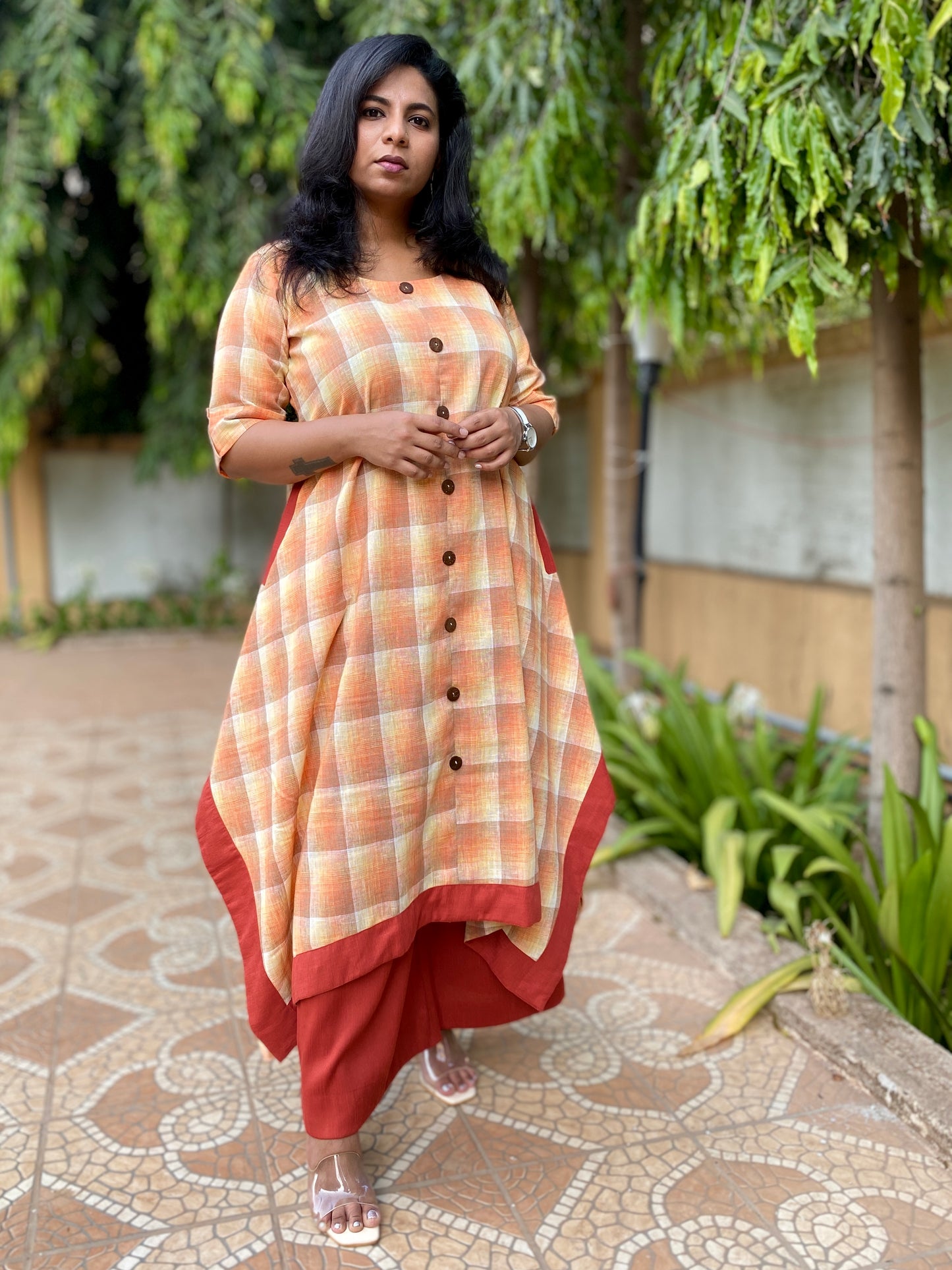 ANNA - Dress - Cotton Checks - ORANGE
