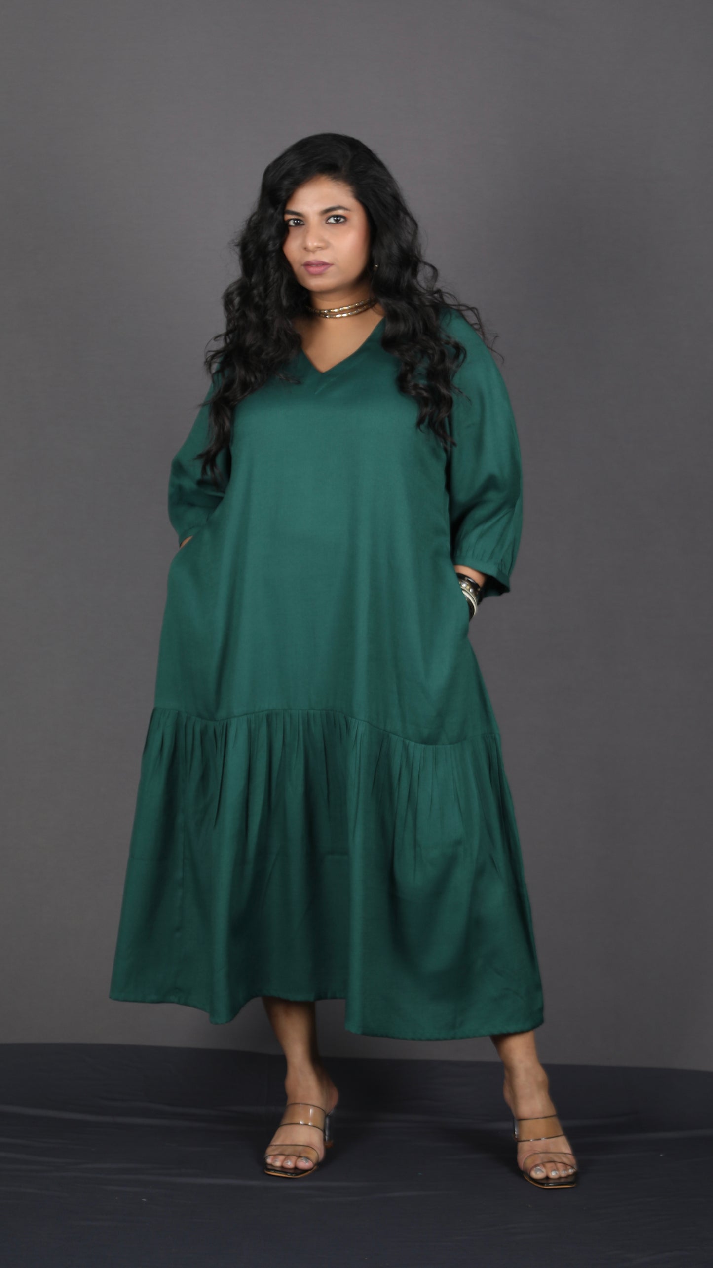 Lysha gathered dress - BOTTLE GREEN